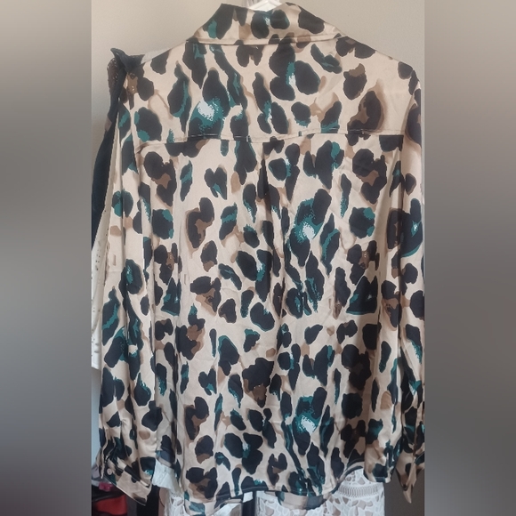 Leopard print will teal satin long sleeve button down blouse. #356 - Picture 2 of 5